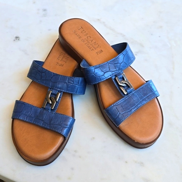 Tuscany Easy Streets blue croc embossed faux leather slides size 7.5 - Picture 9 of 12
